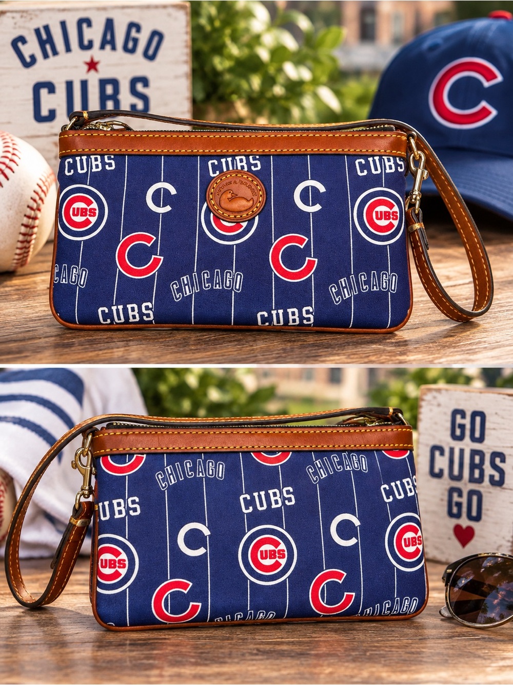 Dooney & Bourke Chicago Cubs MLB Wristlet Clutch Blue Leather Trim